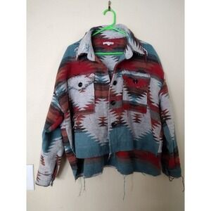 Womens Southwestern Aztec Print‎ Jacket Button Up Frayed Hem Shirt L